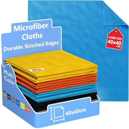 REXO - Microfibre Cloth 40x40cm Pack Of 15 Lint Free And Streak Free Cleaning Cloths Wipes For Home Furniture Polish, Kitchen, Car Cleaning, Bathroom, Window, Glass, Mirror And More (Mixed)
