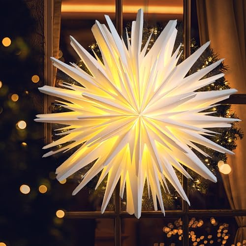 EANLOLY Pappersstjärna LED, Julstjärna Dekoration för Fönster, Hängande Pappersstjärna med Belysning, Julbelysning, Adventsstjärna, LED Julbelysning inomhus, 60 cm Vit