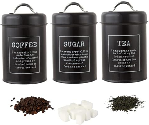 Pastoralist vintage svart metallburksset, 3 st 1 200 ml lufttäta te kaffe sockerburkar, köksbehållare för mat, kex, mjöl, kakor, krydda eller bönor