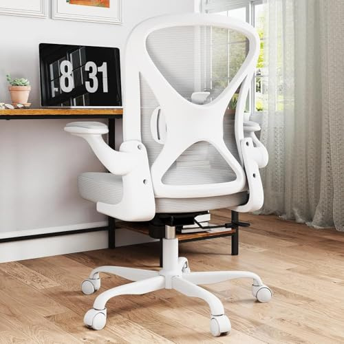 Keratee Ergonomic Mesh Office Chair with Adjustable Lumbar Support ＆ Flip-up Arms, Breathable Computer Home Desk Chair with 360 & Height Adjustment, Grey