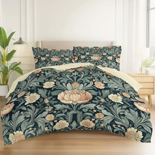 Bettwäsche-Sets mit Daunendecke Hellgelb, Sanft Hautsympathisch Mikrofaser Set William Morris Vintage Blumen, Pflegeleicht + Kissen 180 x 200 cm