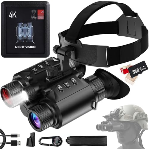 Nattvisionskikare för vuxna, 4K HD-videoinspelning 609 m visningsområde huvudmonterad infraröd NVG med 64 GB kort, taktiskt ljus, 8 x digital zoom för utomhusbruk, camping och resor (svart)