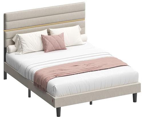 VASAGLE Struttura Letto Matrimoniale, Telaio Letto, per Materasso 140 x 200 cm, Testiera Imbottita Regolabile, Metallo e Legno, Moderno, Beige Cappuccino RMB504LH01 | KACY Collection RMB504LH01 - Telaio per letto con testiera imbottita regolabile, in metallo, colore: beige cappuccino