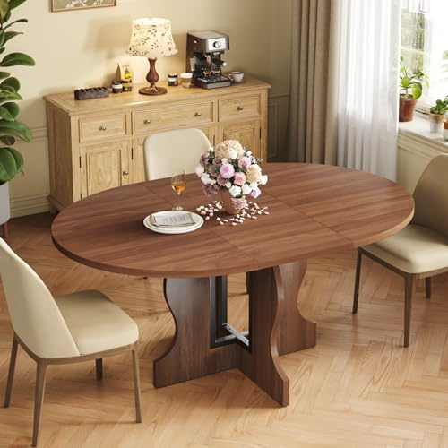 Mondeer Table à Manger Extensible Ronde, 4-8 Personnes Table a Manger Bois, 110-150cm Table de Cuisine avec Plateau en Bois et Base en Croix (Noyer)