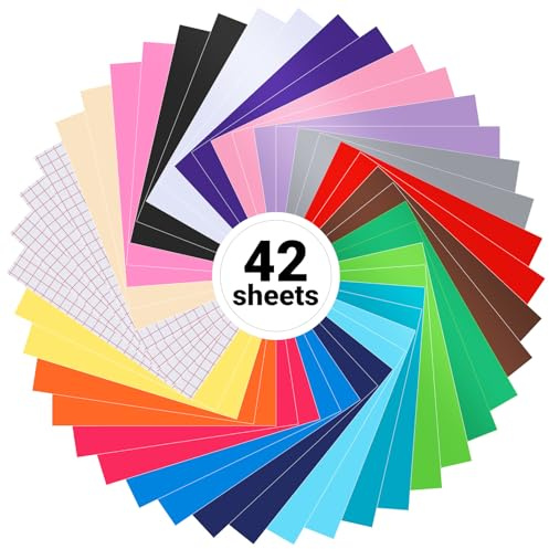 Set da 42 Pezzi Vinile Adesivo Permanente - Vinile Adesivo, 30,5 x 21 cm, 19 Colori, con Pellicola di Trasferimento, Ideale per Cricut, Loghi, Adesivi Auto, Insegne Pubblicitarie, Fai da Te, Modelli