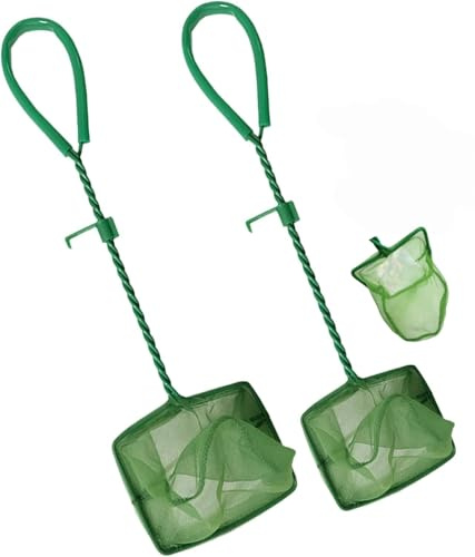 2Pcs Green Aquarium Fish Net - Small Fine Mesh Fishing Net with 25cm Handle for Catching Fish, Shrimps & Cleaning Debris