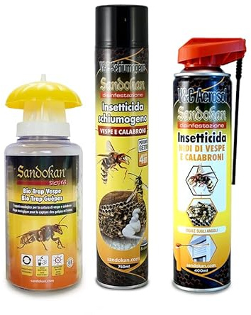 Sandokan, Kit Insetticida Vespe e Calabroni – Include Spray Schiumogeno 750ml, Spray Precisione 400ml e Trappola per Vespe da Esterno con Esche – Disinfestazione Completa, Made In Italy