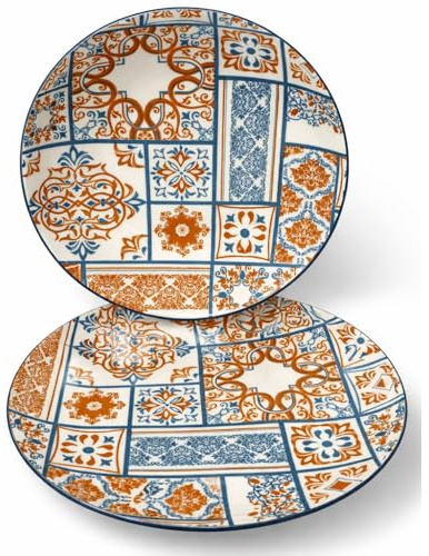 Cecaro Group Servizio Piatti 12 Pezzi in Ceramica – Linea Maiolica Azzurra e Arancio –– Set Tavola Elegante e Resistente