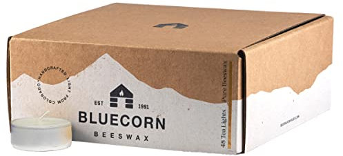 Bluecorn Beeswax Tea Light Candles, 100% Pure Natural Bees Wax, White Tea Lights in Metal Cups, Fragrance Free, Paraffin & Soy Free Candle Wax, Clean Burning, Long Lasting, American Made, 48 Pack