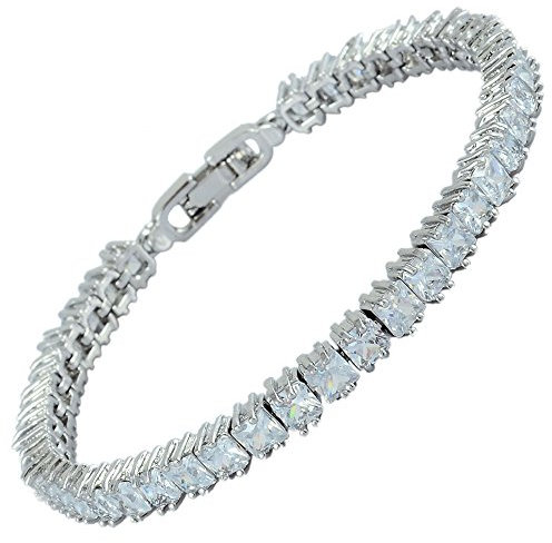 RIVA Eiswürfel Tennis Armband [18cm/7inch] mit Prinzessschliff Edelstein Zirkonia CZ [Weiß Topas] in 18K Weißgold Vergoldet, Einfache Moderne Eleganz