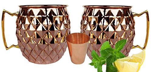 Rastogi Handicrafts Juego de 2 tazas con 1 vaso de chupito de cobre, taza de cobre Moscow Mule, diseño de martillo de diamante, tazas de cóctel/vasos