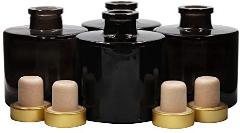 Frandy House Black Glass Diffuser Bottles Round Diffuser Jars with Golden Cork Caps Set of 4 – 2.95 inches High, 100ml 3.4ounce. Fragrance Accessories Use for Diy Replacement Reed Diffuser Sets.