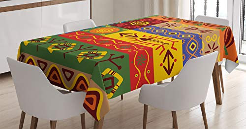 ABAKUHAUS afrikanisch Tischdecke, West-Folk, Pflegeleicht Waschbar Schmutzabweisend und mit Klaren Farben Hochwertiger Druck, 140 x 200 cm, Orange Grün Gelb