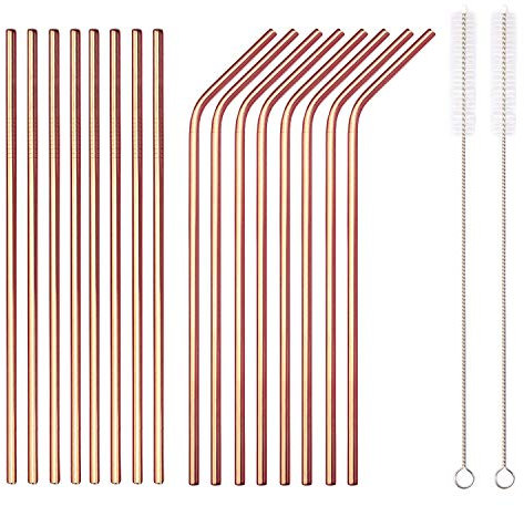 HOMQUEN Cannucce di rame in acciaio inox 18 pezzi, cannucce per bere in oro rosa da 8,5 pollici riutilizzabili, con custodia portatile (8 diritte / 8 piegate / 2 spazzole)