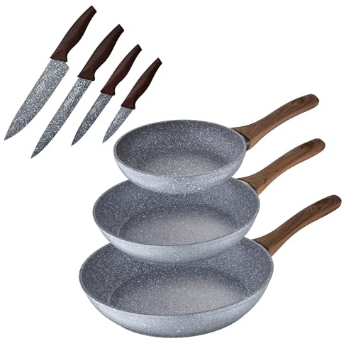 San Ignacio 3 Sartenes Ø20 Ø24 y Ø28 + Set Cuchillos, Daimiel, Aluminio Forjado, Inducción, Gris