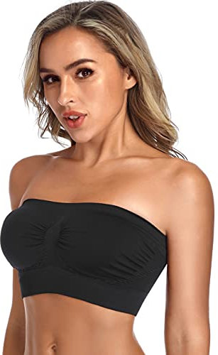 ANGOOL Bandeau Bra Seamless Non Padded Strapless Bra Boobtube Style Stretch Basic Layer Soft Bralette, Black, L Fit 36D 40B 40C