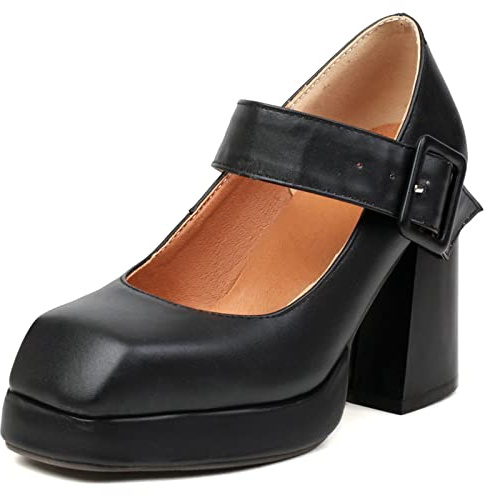Lizoleor Mujer Correa De Tobillo Moda Punta Quadrada Charol Chunky Tacón Ancho Plataforma Pump Fiesta Tacón Alto Mary Jane Zapatos Negro Talla 35 EU