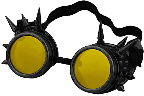 Ultra Black with Yellow Lenses Spike Steampunk Goggles Steam Punk Men Womens Goggles Cyber Pilot Goggles Punk Women Accessories Rave Glasses Welding Goggles Flying Rustic Goggles Steam Punk Goggle