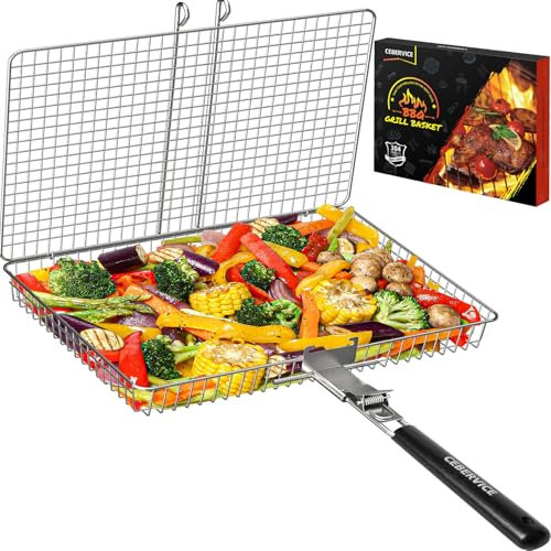 CEBERVICE Cesta de parrilla extra grande, acero inoxidable SUS304, portátil, plegable, para barbacoa, camping, parrilla, pescado, verduras, camarones, accesorios de cocina, regalos para hombres, papá