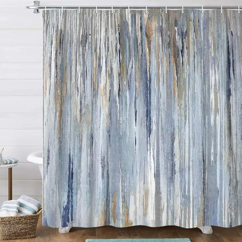 JAWO Small Stall Shower Curtain 36x72 Half Size - Blue Abstract Waterproof Fabric Shower Curtains for Bathroom, Cute Modern Aesthetic Abstract Strip RV Camper Narrow Bath Curtain with Hooks