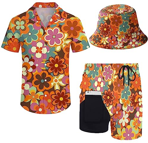 ZePinger Ensemble chemise et short des années 80 et 90 pour homme avec chapeau cloche, Motif floral hippie des années 70, X-Large