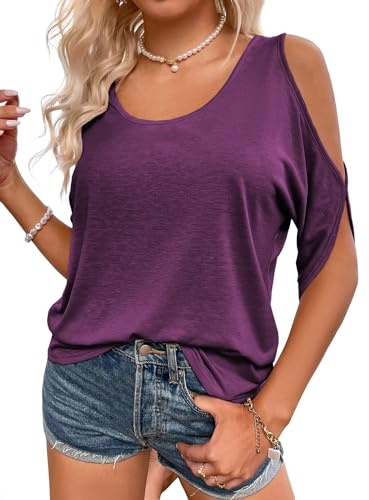 Fisoew - T-shirt med rund hals, axellös t-shirt för dam, kortärmad sommartröja, ledig t-shirt, Lila, S