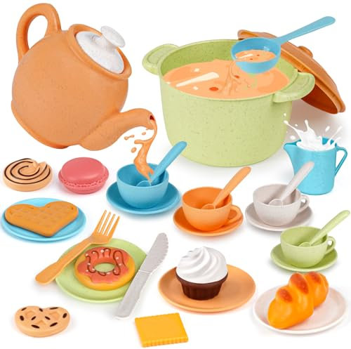Dreamon Teeservice Kinder Set, Puppengeschirr Spielküche Kinderküche Zubehör Tee Set Hergestellt aus Weizenstrohmaterial Geschenk für 3 4 5 Jahre Mädchen Junge