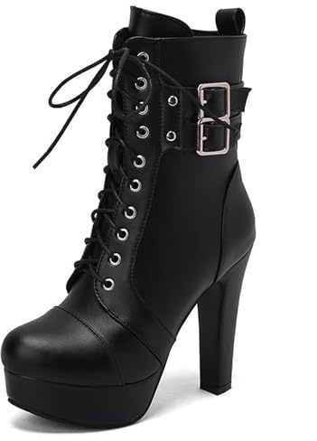 ForeMode Women's Goth Leather Block Heel Ankle Boots Fashion Studded Ankle Strap Trim Punk Boots（Black,8）