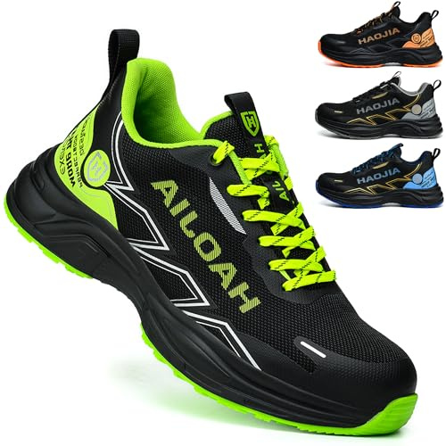 UOQC Scarpe Antinfortunistiche Uomo Donna Leggere Scarpe da Lavoro Traspiranti con Punta in Acciaio Antiscivolo Resistenti Puntura Scarpe Infortunistiche Sportive Comode per Industria Verde EU43