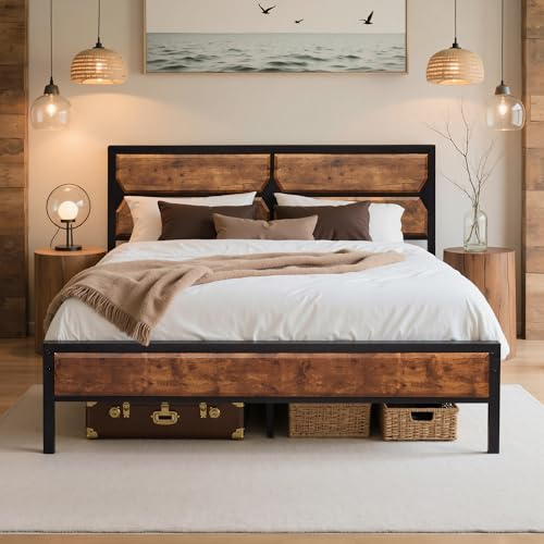 VECELO Bettgestell 140x200 cm aus Metall - Holz, Doppelbett mit Lattenrost, stabil und geräuschlos, Stauraumbett für Schlaf- & Gästezimmer,einfacher Aufbau, Braun