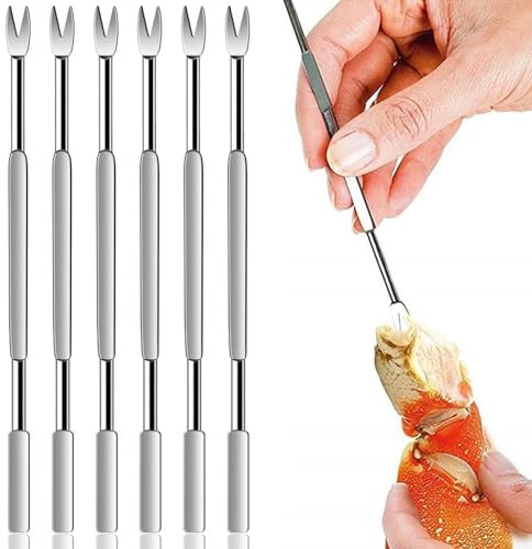 6 Pcs Seafood Fork Picks, Stainless Steel Two Forks, Bistro Cocktail Fork, Small Fruit Forks, Essential Crab and Lobster for-k, Multitool Tools Nut for Shellfish Crab Prawns Nuts Seafood