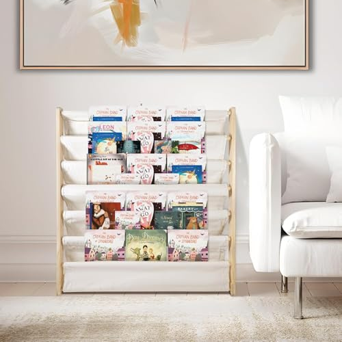 Trintion 6 Tiers Kids Bookshelf Childrens Bookshelf with Pocket Easy Access | Natural Wood Books Storage Rack Perfect Fun for Kids Bedroom Storage 14X9X83 CM
