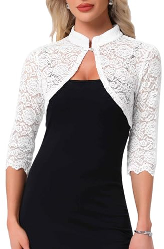 Allegra K Elegant Lace Bolero Shrug for Women 3/4 Sleeve Stand Collar Sheer Floral Lace Cardigan Top X-Small White