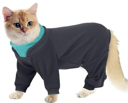 Hjumarayan Sticky Hair Cat Onesie - Cat Overgrooming Suit, Stretchy Body Suit to Stop Licking, Full Coverage Warm Fleece Jumper with Four-leg, Long Sleeve Clothes, Grey XS