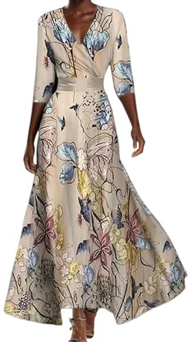 Robe Femme Chic Et Elegant Mariage Été Robe Plage Fluide Courte Manches Longues Vetement Femme Ete Chemise Boheme col en V Summer Dress Vente Flash du Jour Et Soldes Kaki M