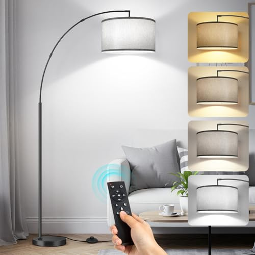 OUTON Lampada da Terra ad Arco, Lampada ad Arco Moderna con Telecomando e Interruttore a Pedale, Paralume Grigio da 40cm, Lampadina E27, Piantana LED da 205cm per Soggiorno, Camera da Letto, Ufficio