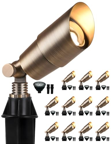 PARTPHONER Solid Brass Low Voltage Landscape Lighting, Wired 12V LED Landscape Spotlights with Aluminum Housing MR16 Bulb, Heavy Duty Outdoor Waterproof Up Lights for Garden, Yard, Trees, 12Pack