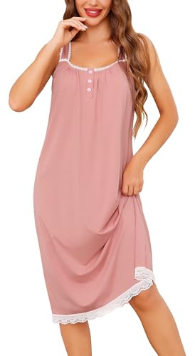 Vlazom Cotton Nighties for Women Sleeveless Nightgown Elegant Lace Trim Ladies Nightdress Sleep Shirt Loungewear with Buttons Rose Pink,M