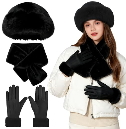 Bryndo Winter Hat Scarf and Gloves Set for Women, Women Faux Fur Hat Thermal Warm Plush Scarf Touch Screen Gloves 3 in 1 Cold Weather Set for Winter Gifts Skiing Outdoor Sports