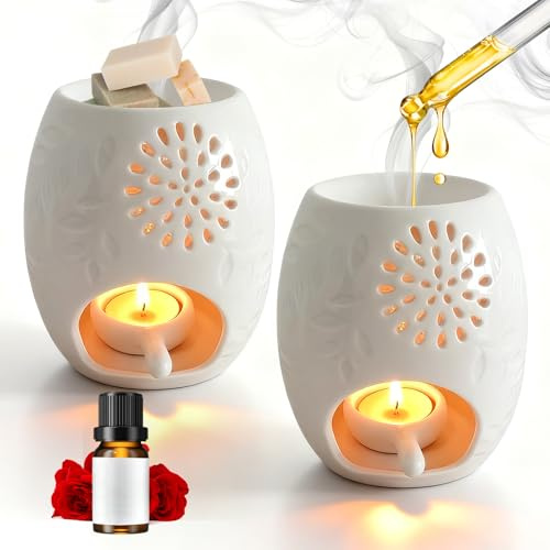 SUNOYA 2 Stück Keramik Duftlampe, Aromatische Duftlampen, Weiß Duftlicht Teelicht, Zuhause Schlafzimmer Dekor, 10,5×10,5×12 cm Keramik Duftstövchen, Einschlafhilfe Entspannung Einweihungsgeschenk