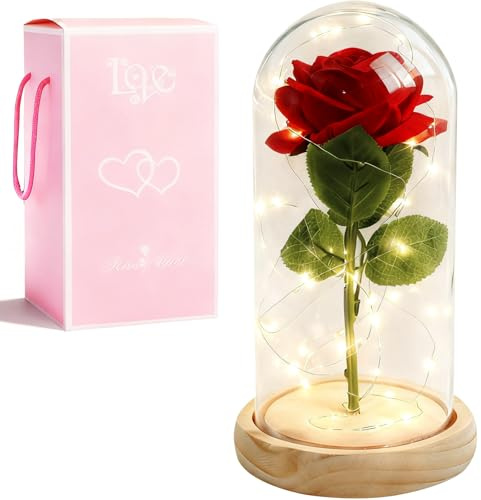 XVZ La bella e la bestia eterna rosa – regalo floreale per donne, rosa sotto campana di vetro con LED e supporto in legno per mamma, moglie o fidanzata per Natale, San Valentino o anniversari – rosso