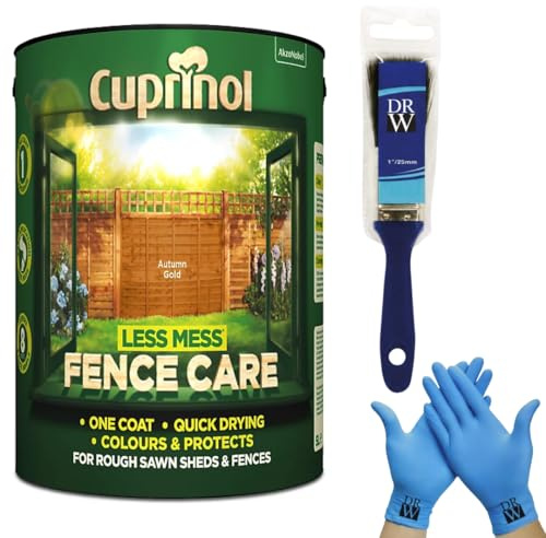 Cuprinol Less Mess Autumn Gold Fence Care Stain 6L + Free 4 Inch Fence Paint Brush & Nitrile Gloves – One‑Coat Coverage, Quick Drying, Rich Colour & Low Odour