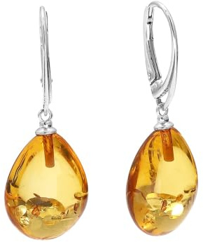 Midwest Amber Genuine Certified Baltic Amber Earrings for Women Honey Cognac Teardrop Dangle Earrings, 925 Sterling Silver Lever Back, Handmade in Lithuania