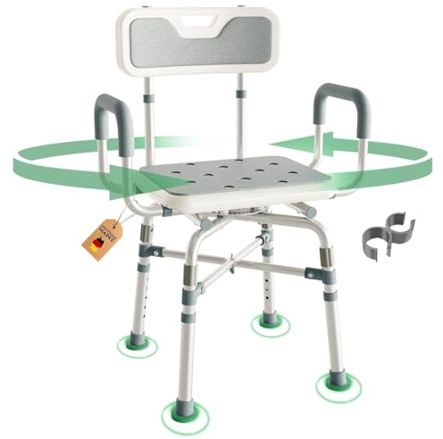 RMAN Duschstol 360° vridbar upp till 300 kg bärbar duschpall halkfri | Tyskland, aluminium, med ryggstöd och armstöd, verktygsfri montering, för seniorer, begränsad rörlighet