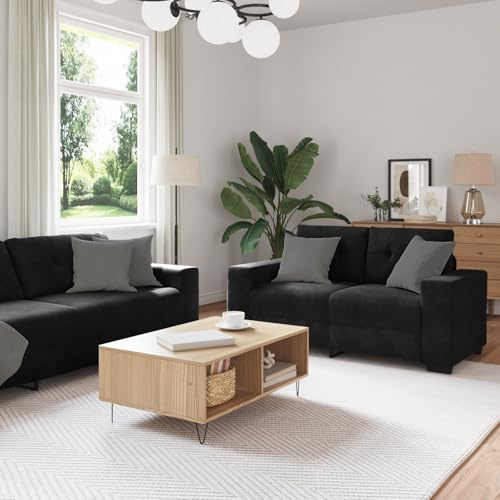 QZZCED Juego de Sofá Moderno 3 Piezas Negro Terciopelo 221 x 78 x 80 cm con Cojín Incluido - Conjunto de Sillón, Sofá 2 y 3 Plazas para Sala de Estar - Diseño Elegante con Tapicería