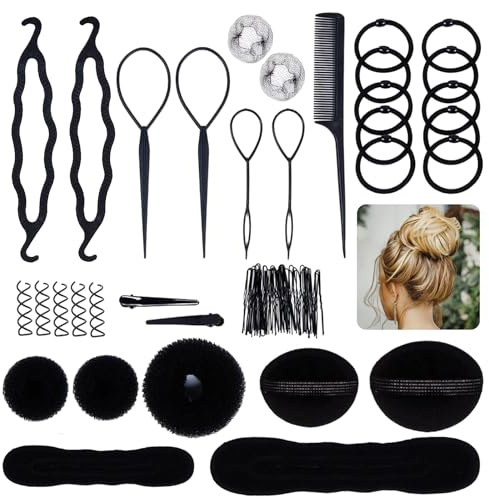 Oiomniv 72Pcs Haarstyling-Tools Set für Damen, All-in-One DIY Duttkissen, Flecht- & Dutt-Set, Haaraccessoires für Hochsteckfrisuren, Pferdeschwänze & Zöpfe, einfac (Schwarz 1)