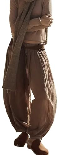 Ballongbyxor för kvinnor, sommar, stora ben, med elastisk midja, perfekt för strand och semester, Kaffe, XL