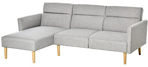 HOMCOM Divano Letto 3 Posti, Divano Angolare in Tessuto Grigio con Schienale Regolabile, Stile Scandinavo, 207x146x80cm