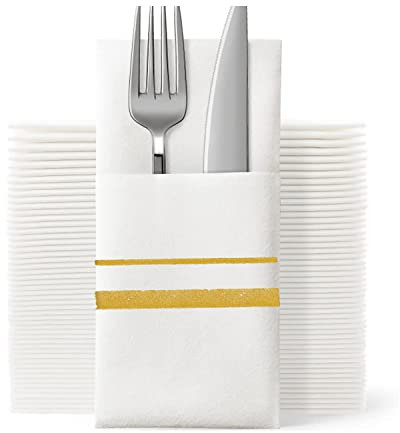 SUZZYVINE Goldene Einweg-Servietten mit integrierter Bestecktasche, Stoffähnliche Lunch-Servietten für Hochzeit, Party, Leinengefühl, 100 Stück, 40,6 x 40,6 cm
