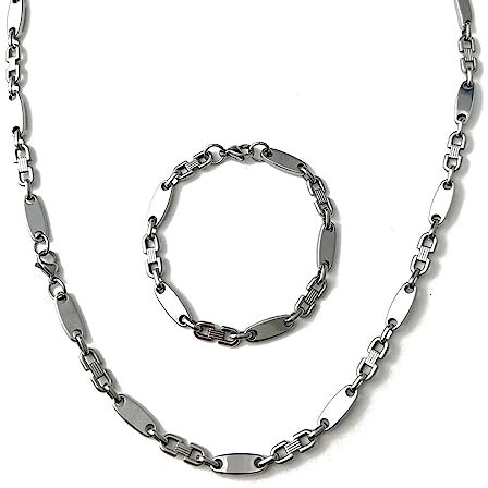 ayados Plattenkette Set Edelstahl 60cm 4mm bis 10,5mm Cuban Halskette + Armband Platten Kette (6mm x 60cm, Silber)